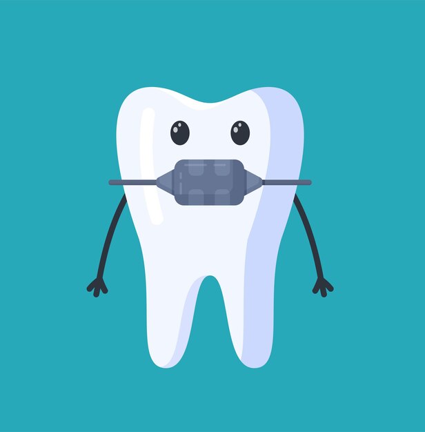 Vector illustration of braces character isolated on blue background white tooth with braces