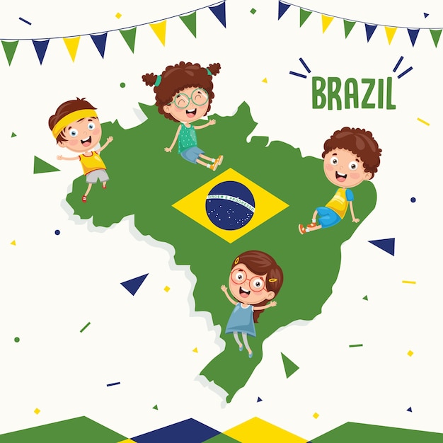 Vector Illustration Of Brazil Flag And Kids