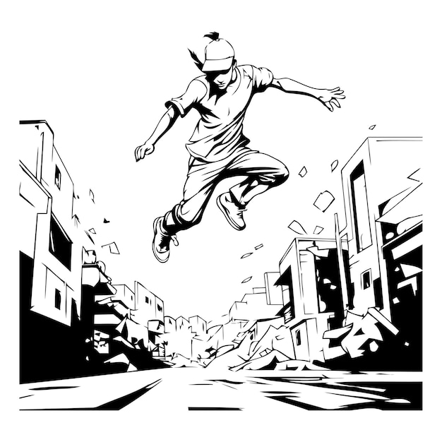 Vector illustration of a breakdancer jumping in a city street