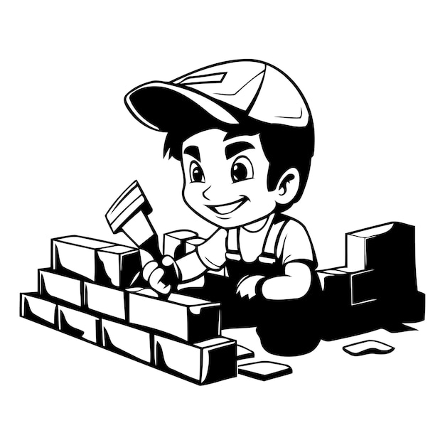 Vector vector illustration of a bricklayer worker building a wall with a spatula