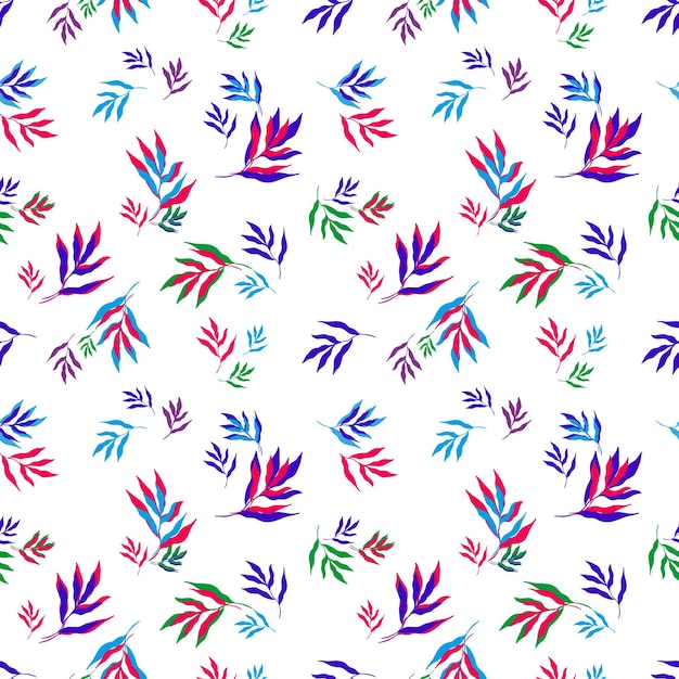 Vector illustration of bright multicolored leaves of tropical plants forming seamless pattern on white background