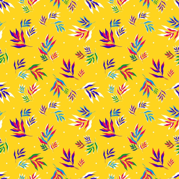 Vector illustration of bright multicolored leaves of tropical plants forming seamless pattern on yellow background