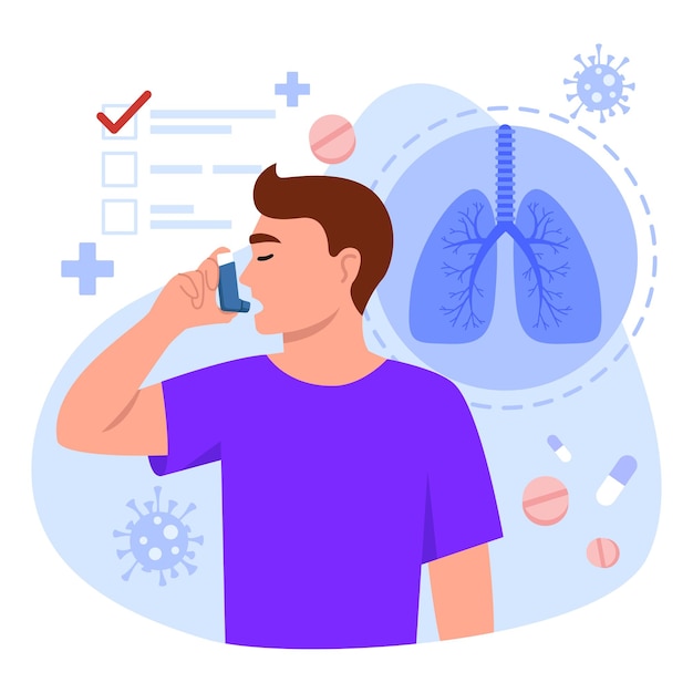 Illustrazione vettoriale dell'asma bronchiale scena animata con un tizio che fa l'inalazione contro l'asma bronchiale un attacco allergico isolato su uno sfondo bianco giornata mondiale dell'asthma e delle allergie