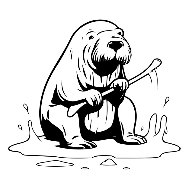 Vector vector illustration of a brown bear sitting on a ice floe and holding a stick