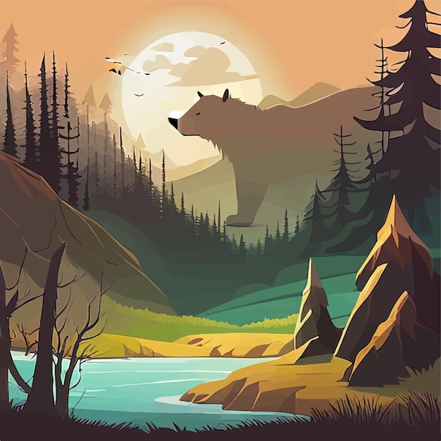 Vector vector illustration brown bear standing by a river in forest with mountains in the background wild
