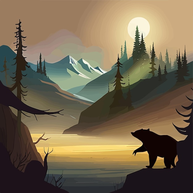 Vector vector illustration brown bear standing by a river in forest with mountains in the background wild