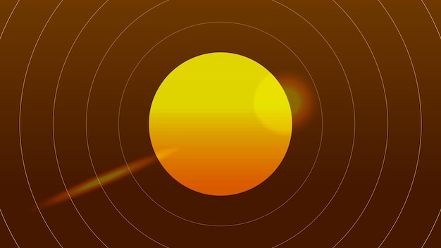 Vector illustration of brown sky background with thin orbit lines and radiant yellow sun or planet