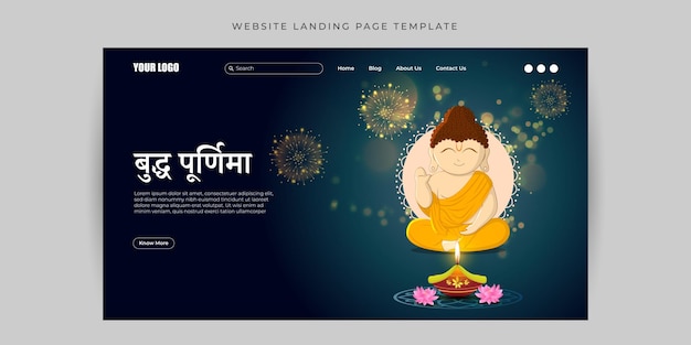 ブッダ プルニマのウェブサイトのランディング ページ バナー モックアップ テンプレートのベクトル イラスト ヒンディー語のテキスト