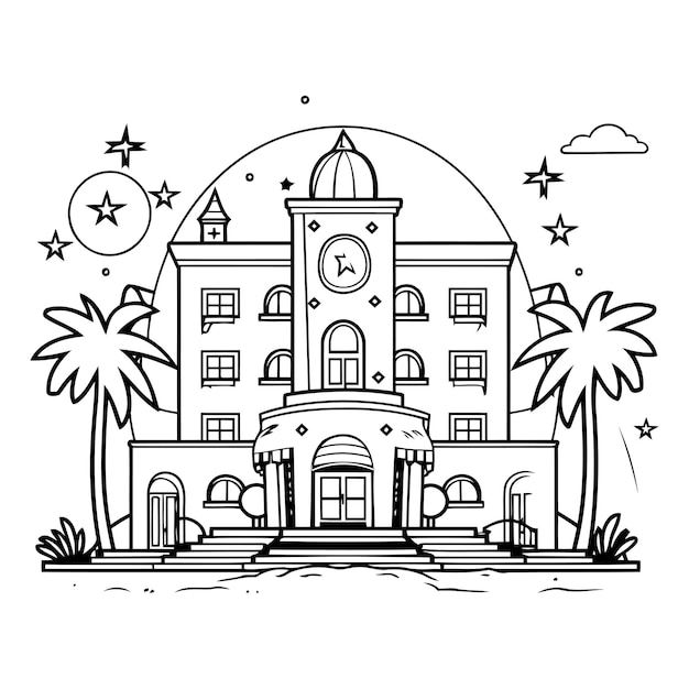 Vector illustration of a building with a clock on the background of palm trees