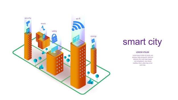 スマートシティの要素を持つ建物のベクトルイラスト。科学、未来、ウェブ、ネットワークコンセプト、コミュニケーション、ハイテク。 EPS10。