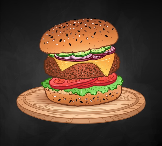 Vettore illustrazione vettoriale di un hamburger sulla lavagna