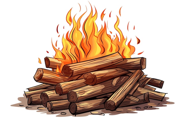 Vector vector illustration of burning bonfire with wood on white background