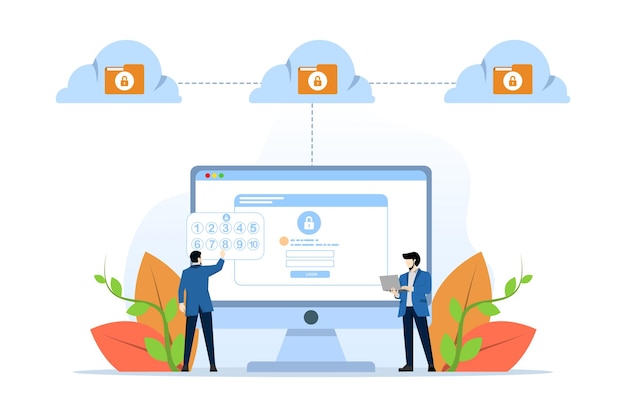 Illustrazione vettoriale del concetto di sicurezza di rete del server di archiviazione cloud aziendale con blocco password