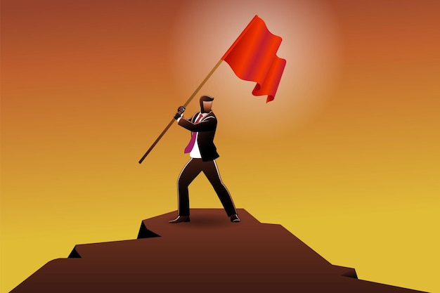Vector illustration of business concept, businessman standing on peak of cliff while holding red flag
