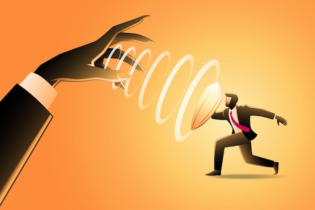 Vector illustration of business concept, businessman with shield parried hypnotic from giant evil hand