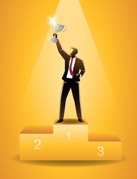 Vector illustration of business concept, successful businessman lift trophy on the podium