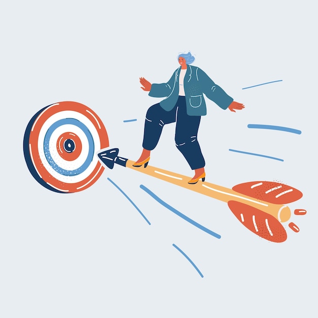 Vector illustration of business lady Woman archer fly on arrows to the target Business concept achieve goals