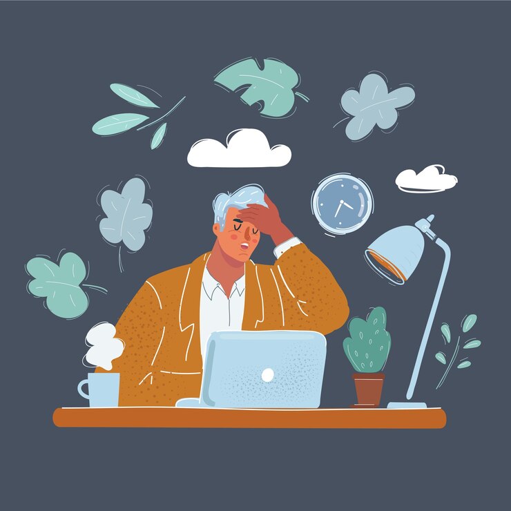 Vector vector illustration of business man tiered and sick in office