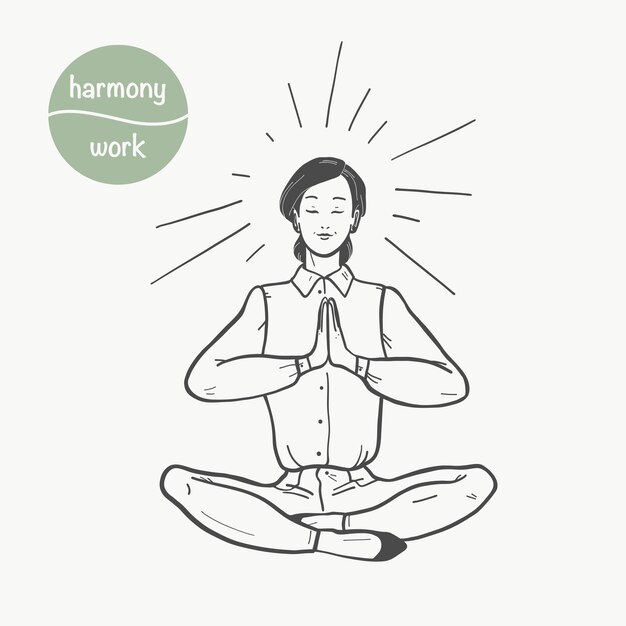 Vector illustration of business office lady sitting in yoga lotus asana pose meditating isolated on light background. Harmony in work concept for woman worker. Hand drawn sketch comic style.