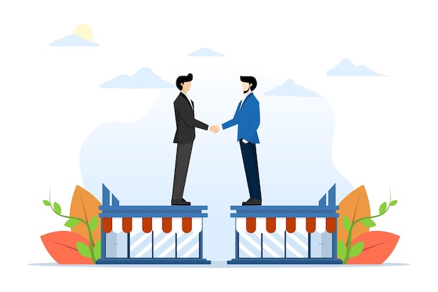 vector illustration of business owner shaking hands in company shop for B2B agreement