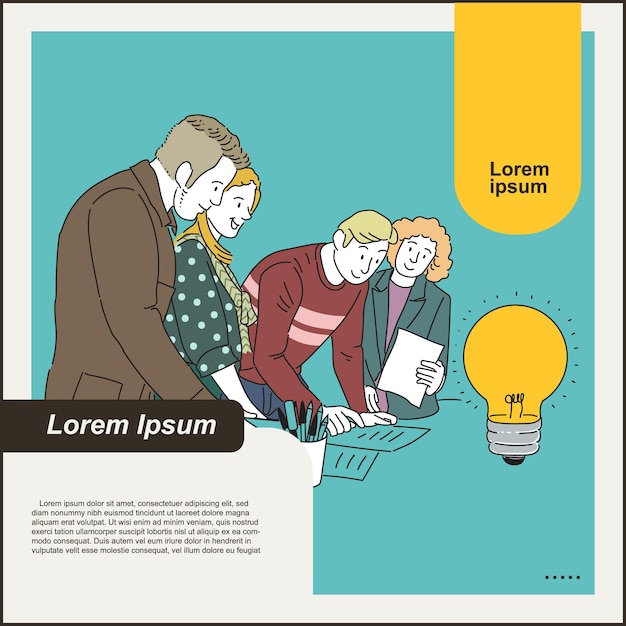 Vector illustration of a business people looking at a light bulb with template design