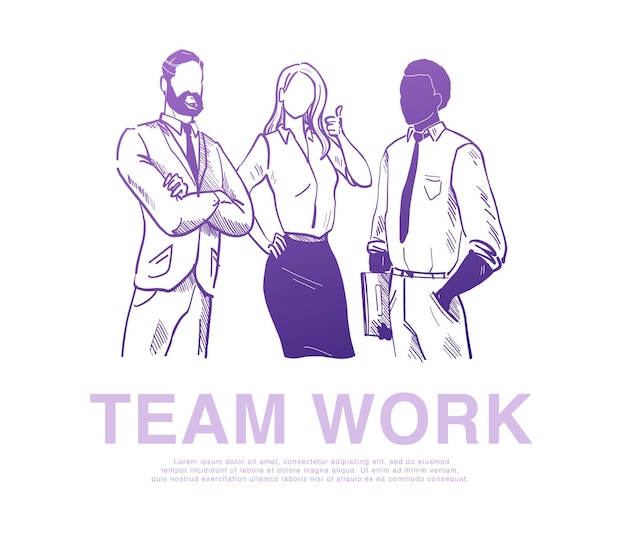 Vector vector illustration of business people, office workers, company stand  isolated isolated on white background. hand drawn sketch style. partnership, team work, consulting, support concept. banner, app.