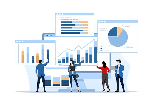 Vector vector illustration of business team analysis and monitoring on web report dashboard monitor