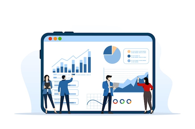 Vector illustration of business team analysis and monitoring on web report dashboard monitor