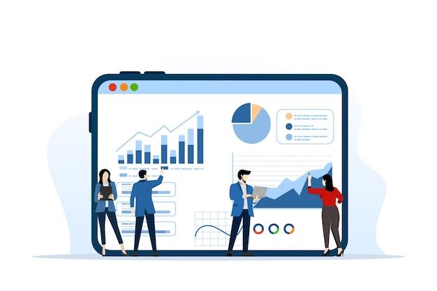 Illustrazione vettoriale dell'analisi e del monitoraggio del team aziendale sul monitor del dashboard del rapporto web