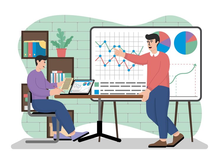 Vector vector illustration of business team studies profitability and monitors performance