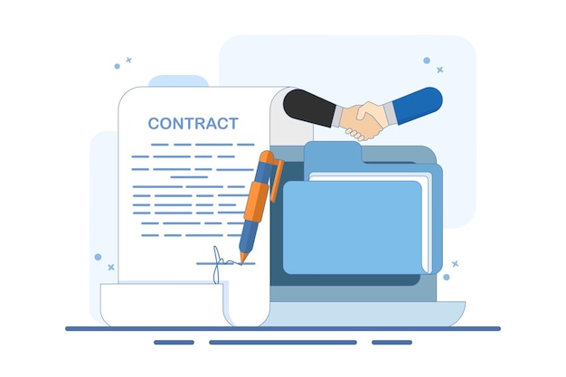 Vector Illustration of Business Transaction Concept with Contract and Signature Document