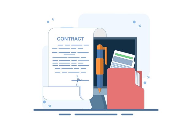 Vector Illustration of Business Transaction Concept with Contract and Signature Document