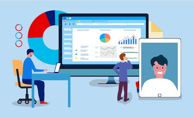 ビジネスのベクトルイラスト - 仮想モニター分析とデジタル技術のリモートビジネス
