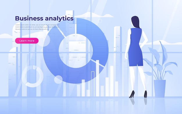 Vector illustration of a business woman analysing data against the city skyline