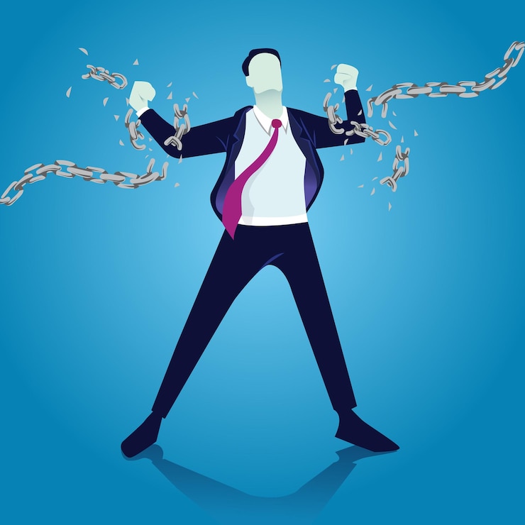 वेक्टर vector illustration of businessman breaking chain for freedom, liberation concept