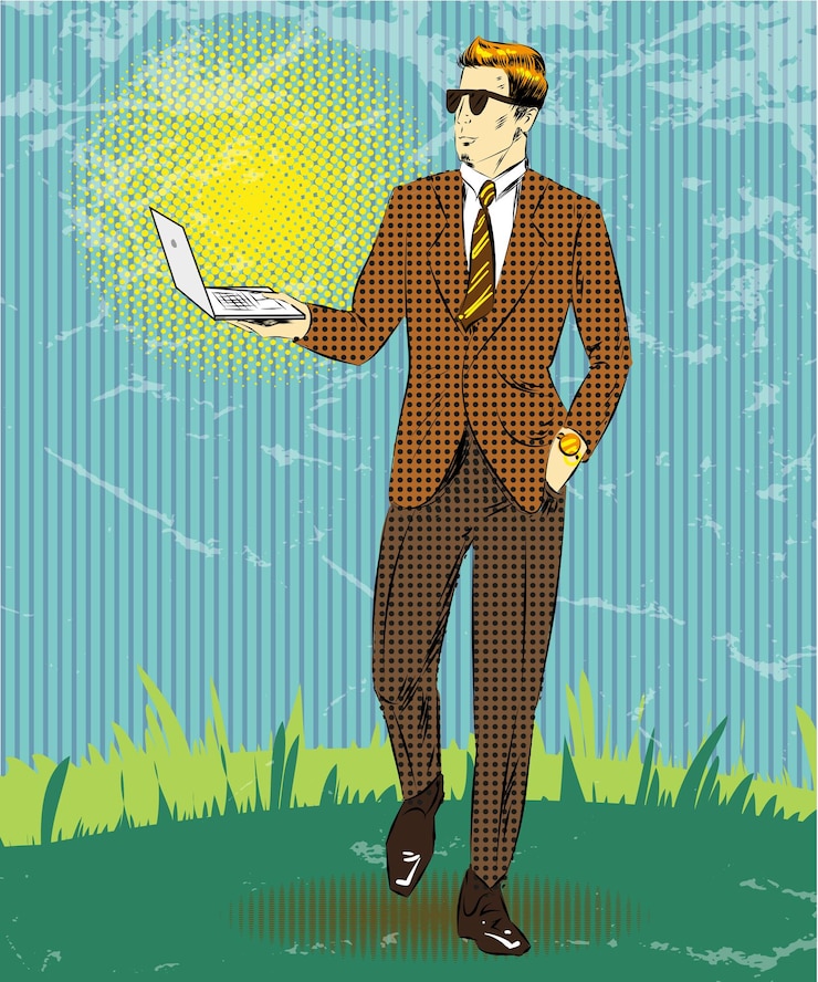Vector vector illustration of businessman holding laptop gadgets modern technology concept in retro pop art comic style