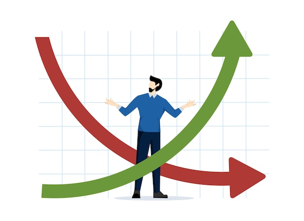 Illustrazione vettoriale investitore uomo d'affari confuso guardando il grafico della curva invertita
