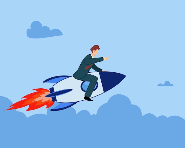 vector illustration of businessman on a rocket. see business opportunities. launch a business