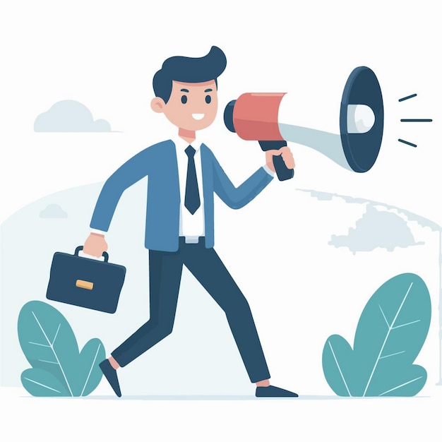 Vector vector illustration of businessman with a megaphone in flat design style