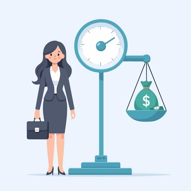 평평한 디자인 스타일의 척도를 가진 사업가의 터 일러스트레이션