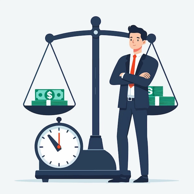 Vector vector illustration of businessman with scales in flat design style