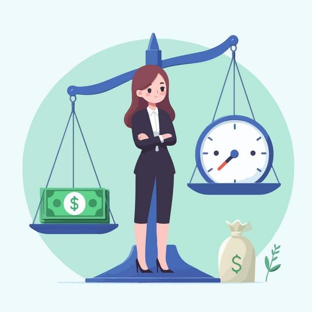 평평한 디자인 스타일의 척도를 가진 사업가의 터 일러스트레이션