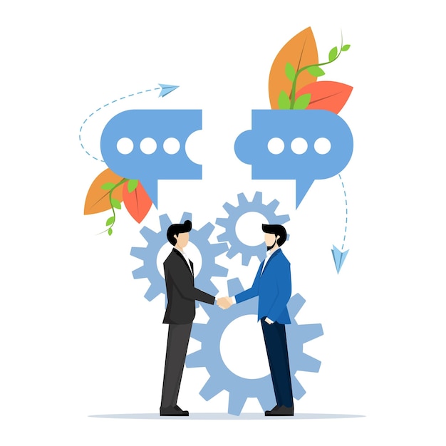 vector illustration of businessmen discussing social networks with speech bubble puzzles