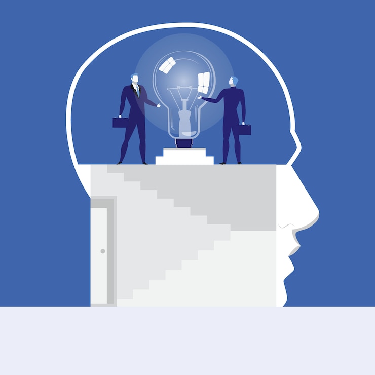 Vector vector illustration of businessmen holding on to idea bulb