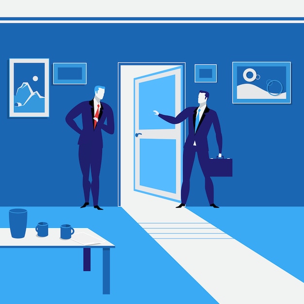 Vector illustration of businessmen standing at open door