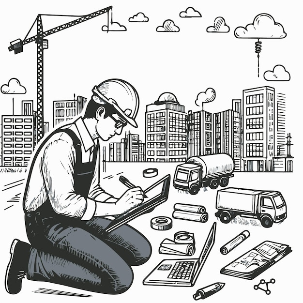 Vector vector illustration of busy civil engineer in construction field