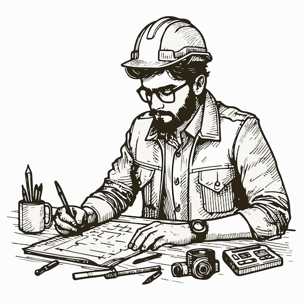 Vector vector illustration of busy civil engineer