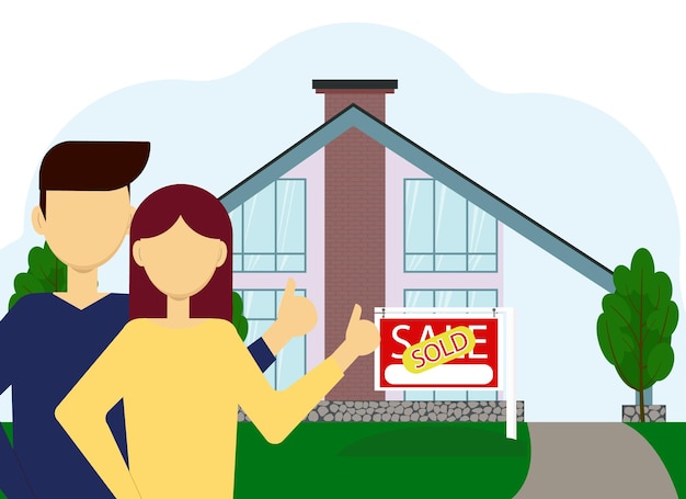 vector illustration of buying real estate. a couple of man and woman on the background of a large house with a sold billboard.