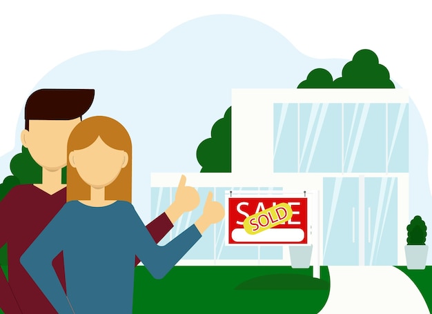 Векторная иллюстрация покупки недвижимости. Пара мужчина и женщина на фоне большого дома с проданным рекламным щитом.