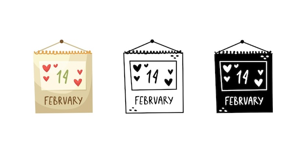Vector illustration of the calendar on the February 14 page. Valentines day. Outline, flat and simple style